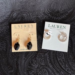 NEW 2 Pairs Lauren Ralph Lauren Earrings, Black Drops, Crystal Swirls